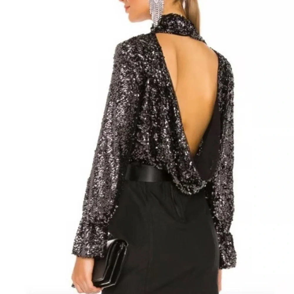 FREE PEOPLE Women's Small Moonstruck Black Sequins High Neck Open Back Blouse